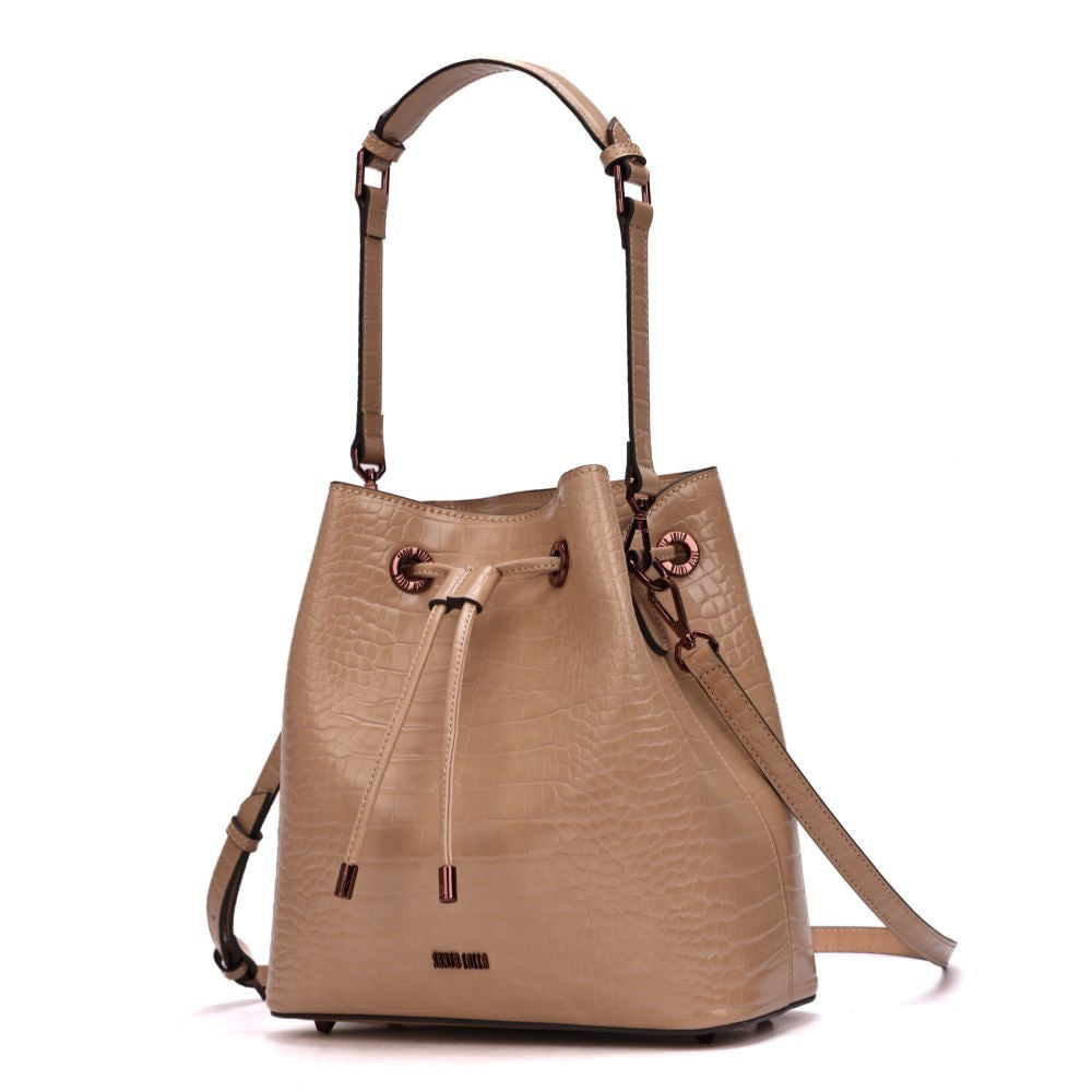 Bolsa Bucket Santa Lolla Bege Croco Alça Dupla