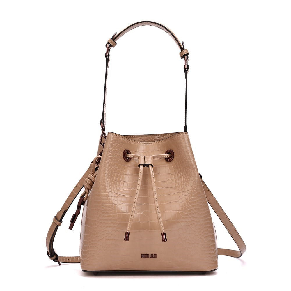 Bolsa Bucket Santa Lolla Bege Croco Alça Dupla