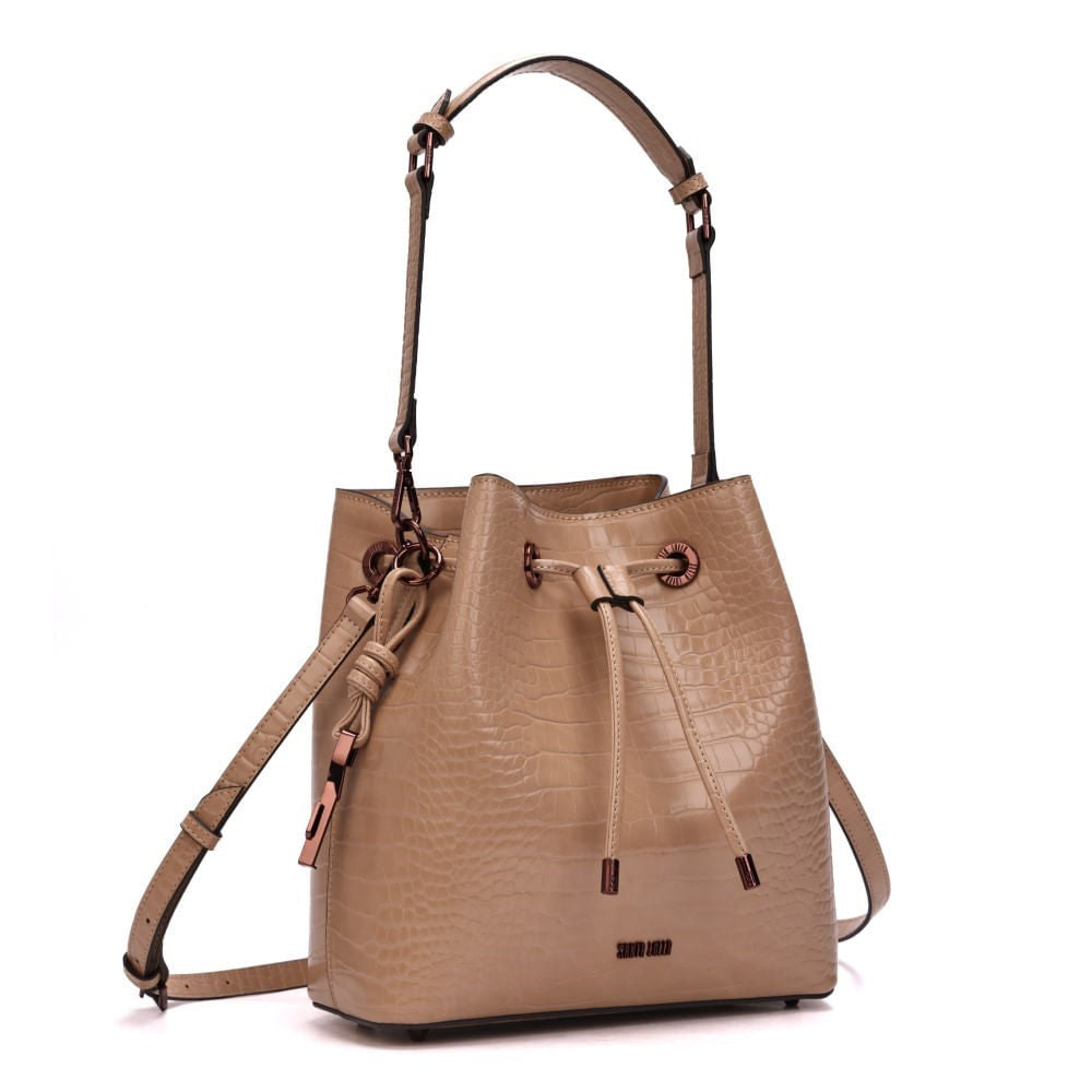 Bolsa Bucket Santa Lolla Bege Croco Alça Dupla