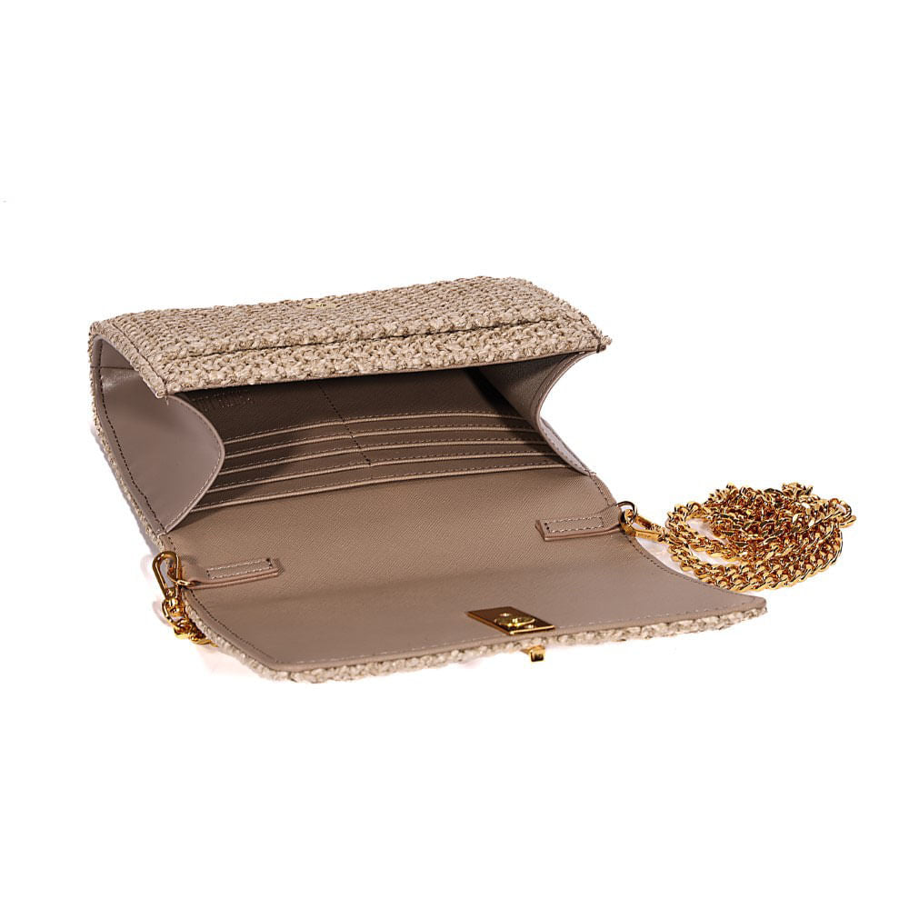 Bolsa Carteira Santa Lolla Bege Tramada Alça Correntes