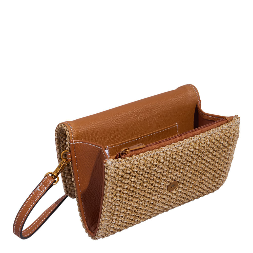 Bolsa Carteira Santa Lolla Bege Tramado Alça Transversal 