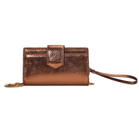 Bolsa Carteira Santa Lolla Bronze Metalizada Alça Transversal Corrente