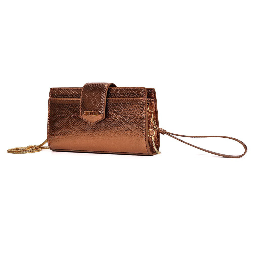 Bolsa Carteira Santa Lolla Bronze Metalizada Alça Transversal Corrente