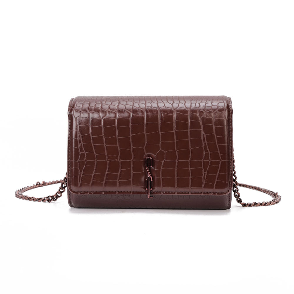 Bolsa Carteira Santa Lolla Marrom Croco Alça Corrente