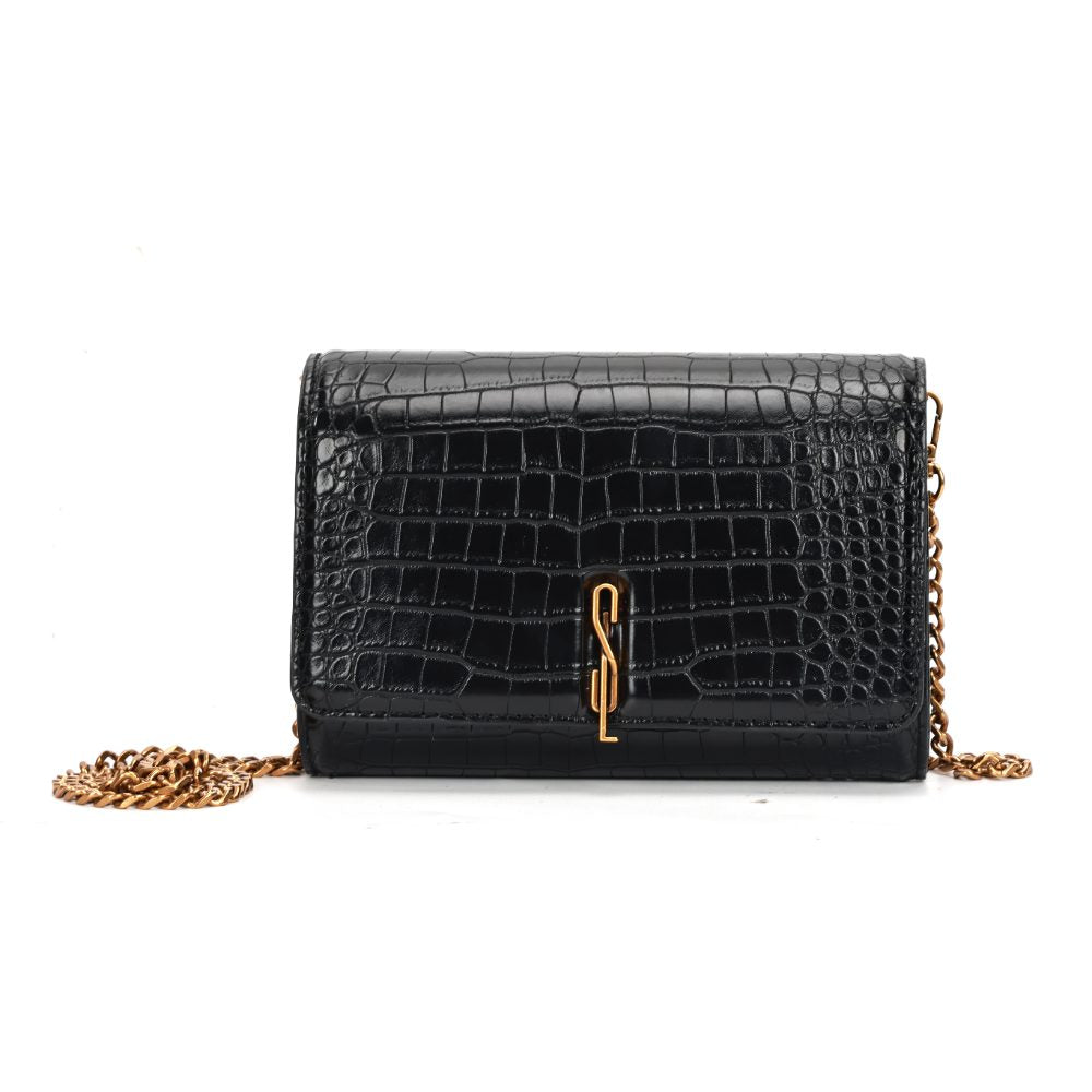 Bolsa Carteira Santa Lolla Preta Croco Alça Corrente