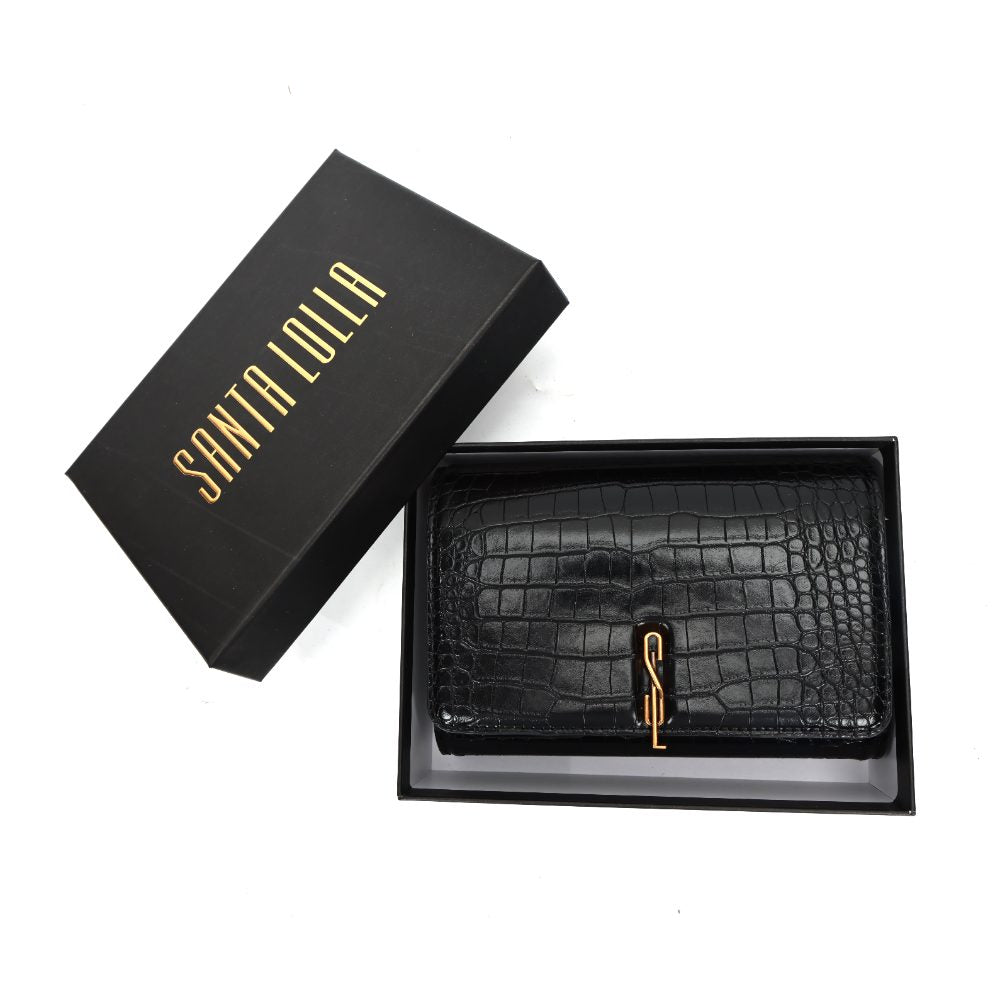 Bolsa Carteira Santa Lolla Preta Croco Alça Corrente