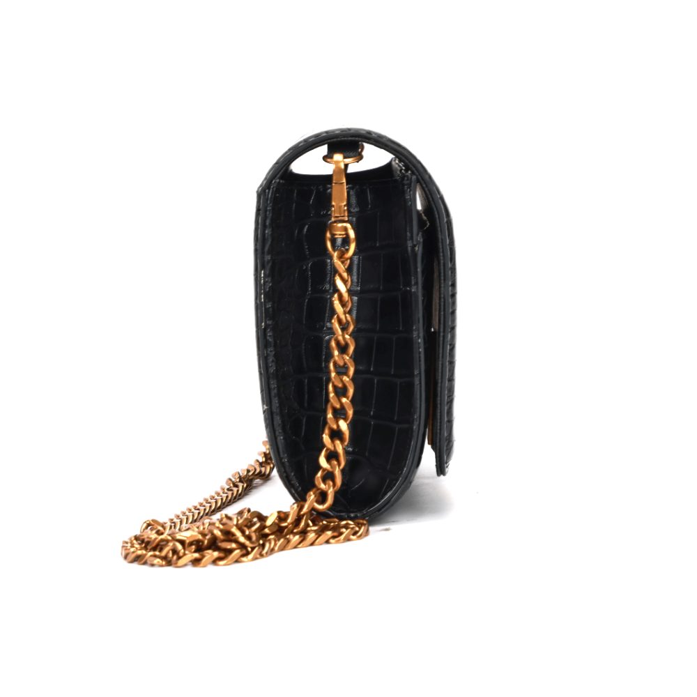 Bolsa Carteira Santa Lolla Preta Croco Alça Corrente