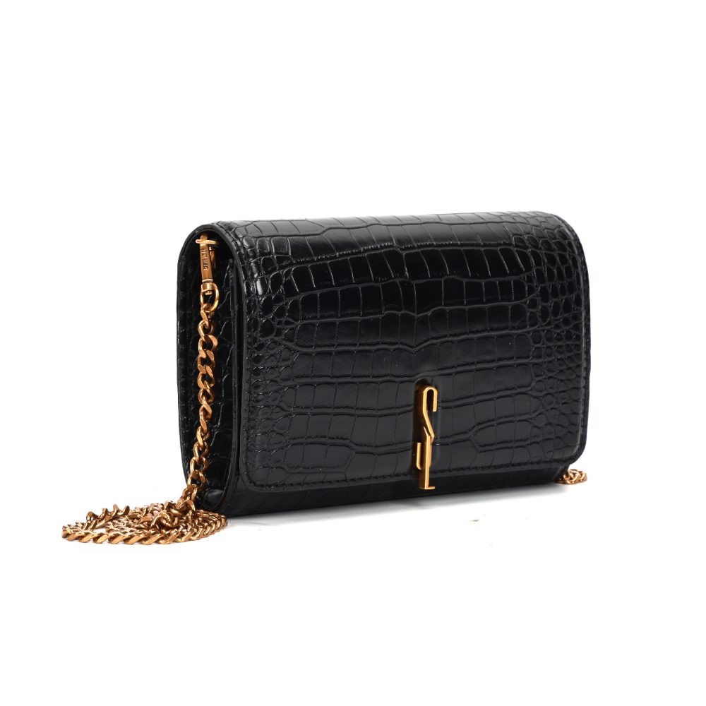Bolsa Carteira Santa Lolla Preta Croco Alça Corrente