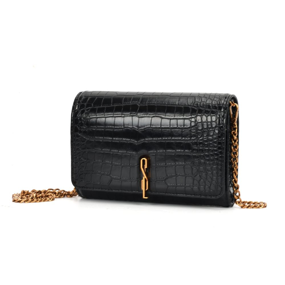 Bolsa Carteira Santa Lolla Preta Croco Alça Corrente