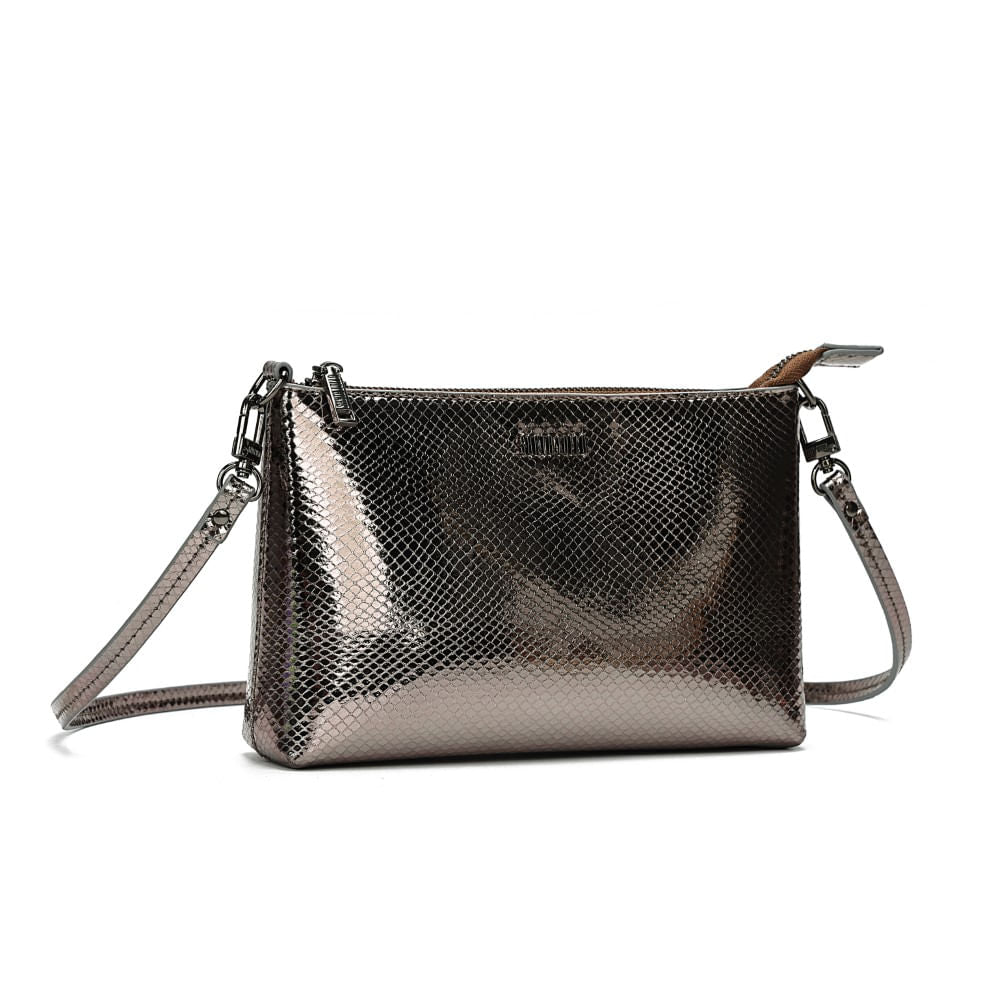 Bolsa Chutch Santa Lolla Cinza Grafite Metalizada Alça Transversal