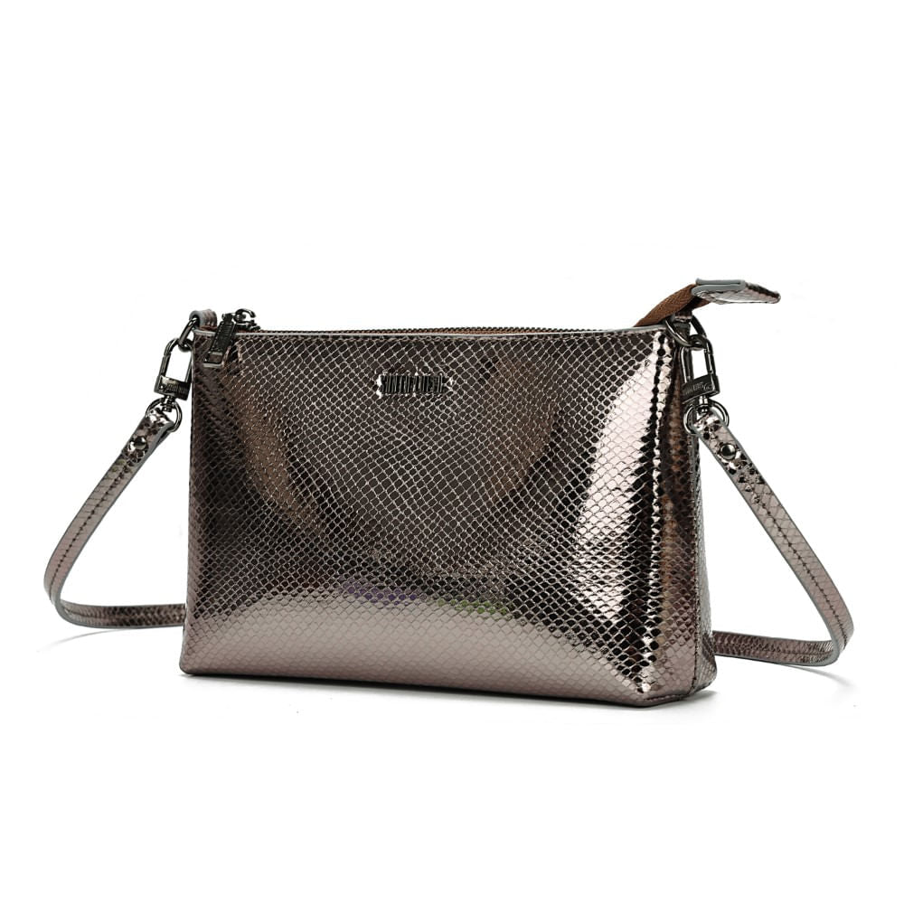Bolsa Chutch Santa Lolla Cinza Grafite Metalizada Alça Transversal