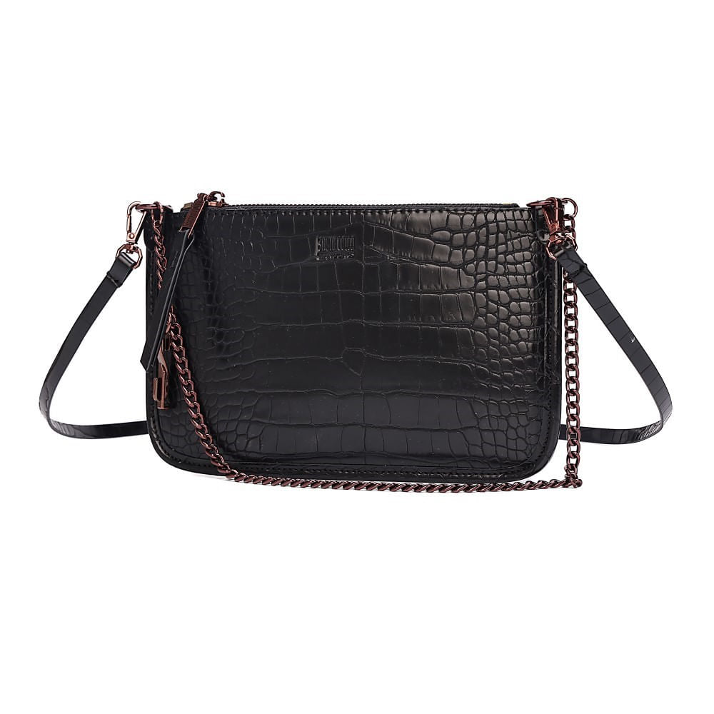 Bolsa Clutch Croco Preta Santa Lolla Alça Dupla 