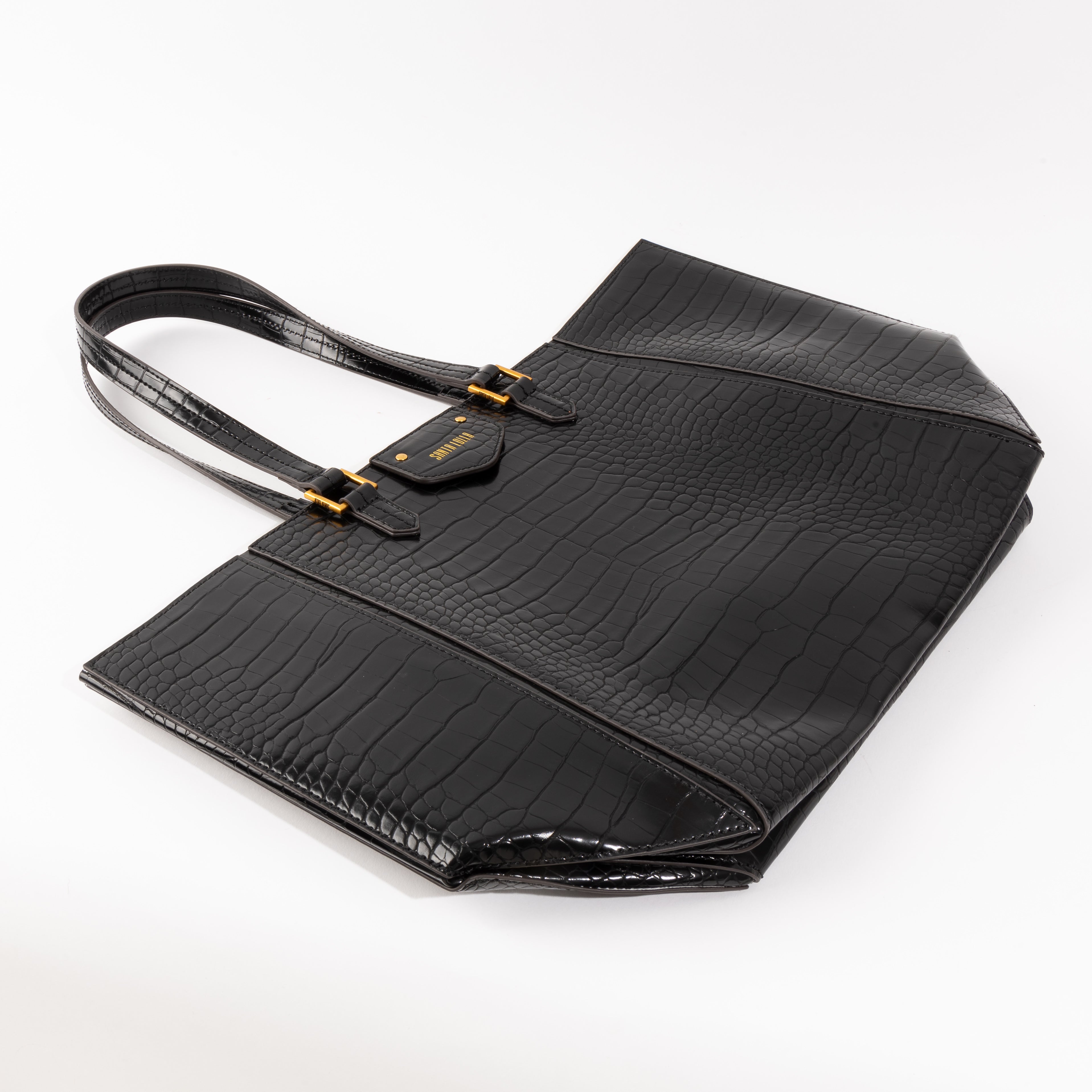 Bolsa Grande Croco Preta Santa Lolla Alça De Ombro