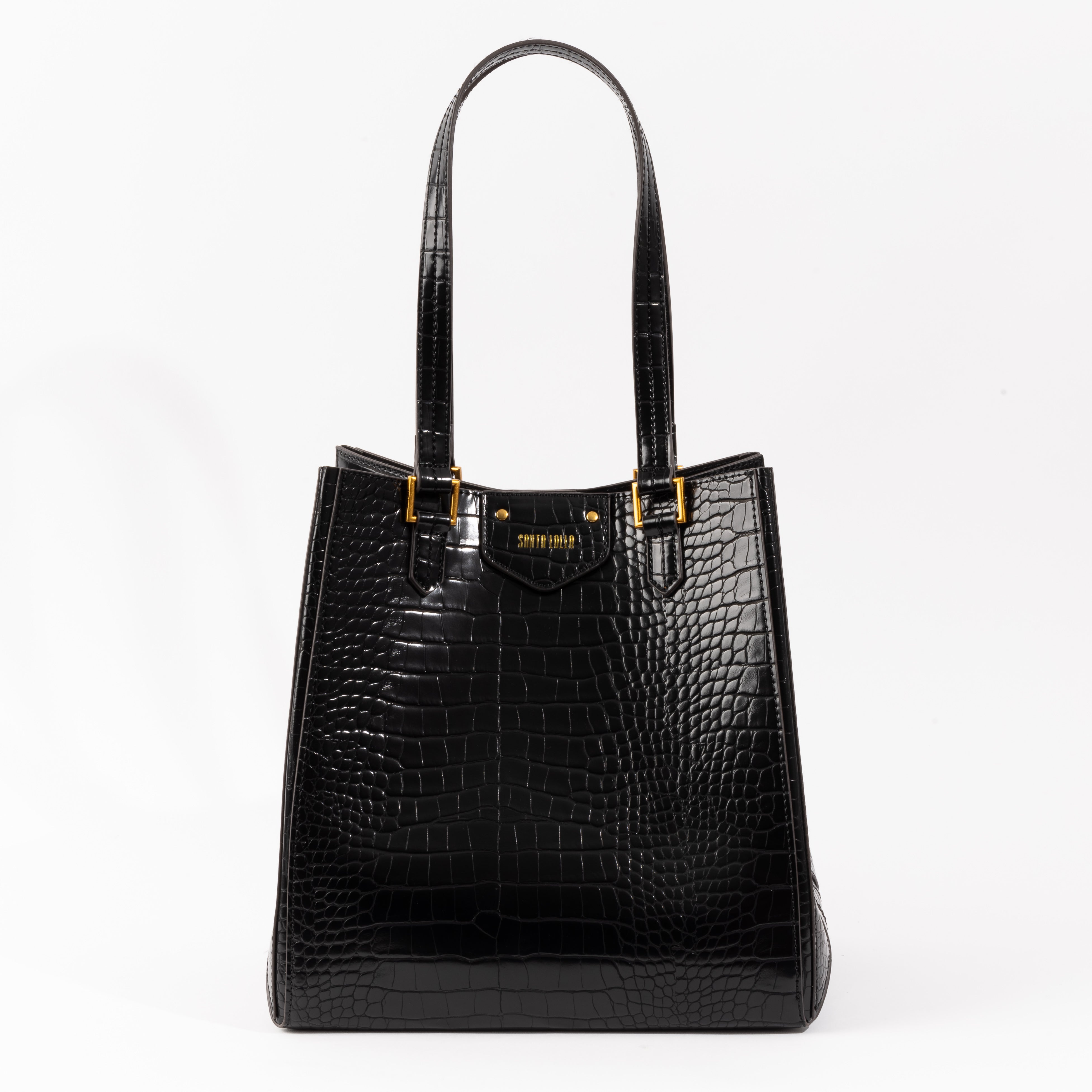 Bolsa Grande Croco Preta Santa Lolla Alça De Ombro