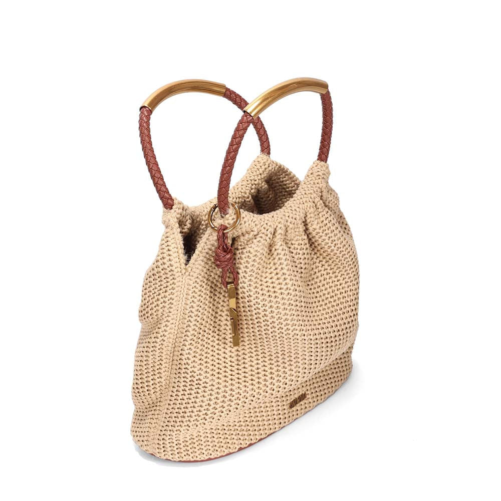 Bolsa Saco Santa Lolla Bege Tramado Alça Marrom