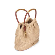 Bolsa Saco Santa Lolla Bege Tramado Alça Marrom