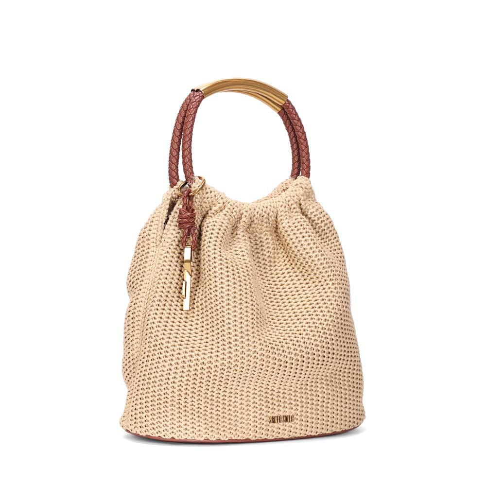 Bolsa Saco Santa Lolla Bege Tramado Alça Marrom