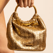 Bolsa Saco Santa Lolla Dourada Tramada Alça Corrente