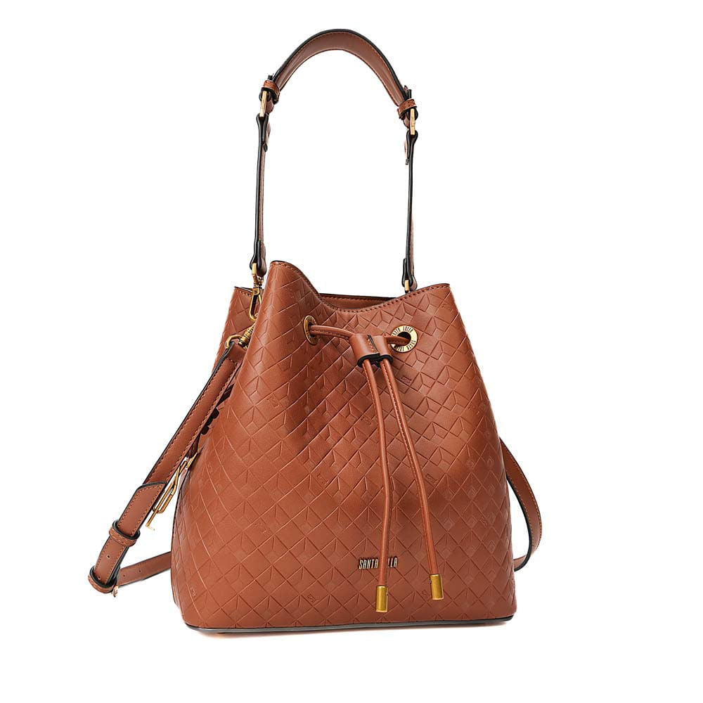 Bolsa Saco Santa Lolla Marrom Relevo Geométrico Alça Dupla