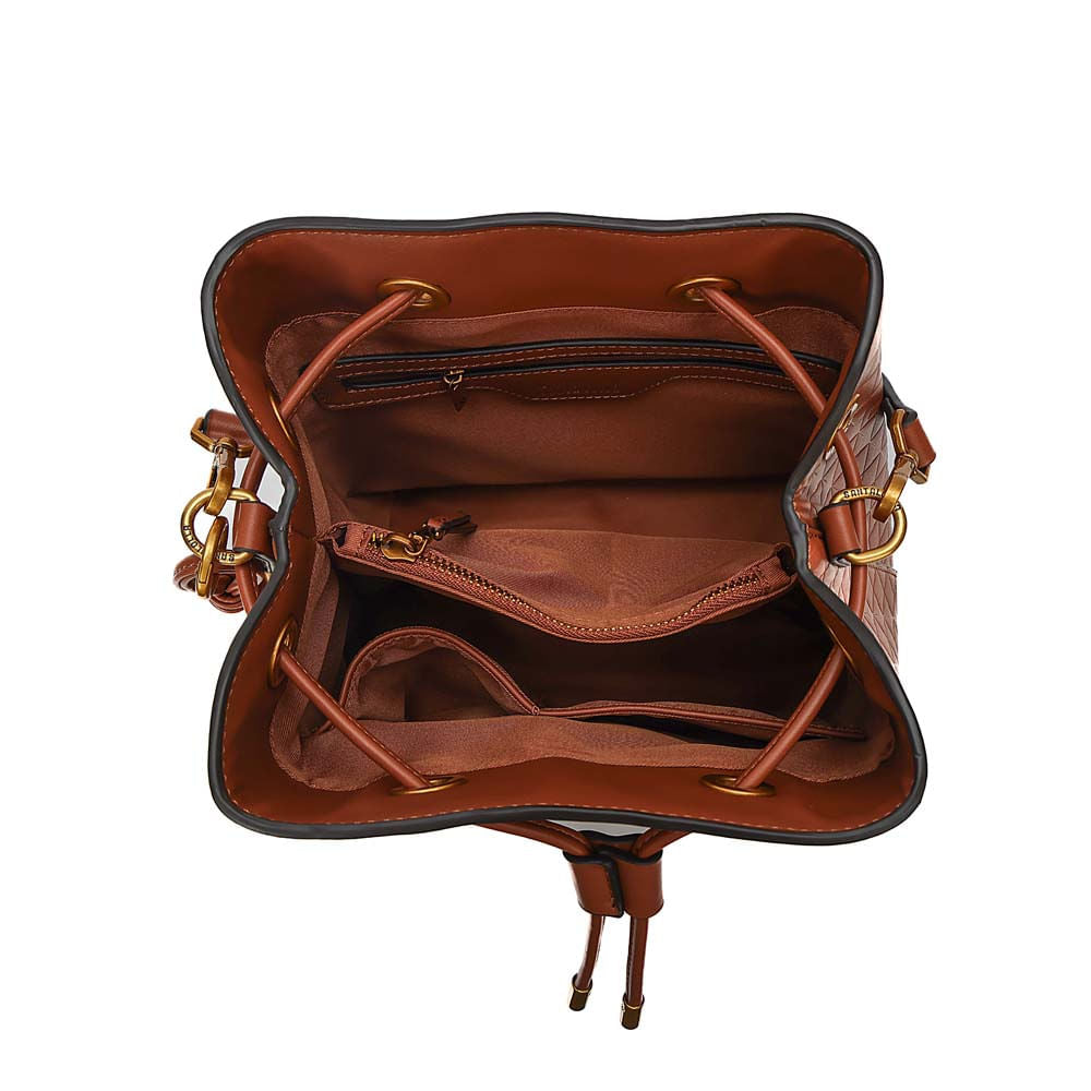 Bolsa Saco Santa Lolla Marrom Relevo Geométrico Alça Dupla