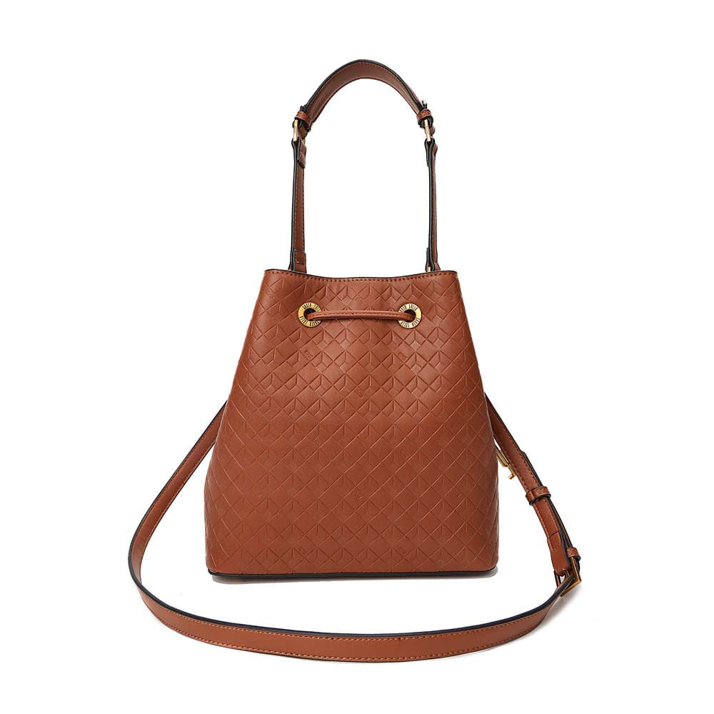 Bolsa Saco Santa Lolla Marrom Relevo Geométrico Alça Dupla