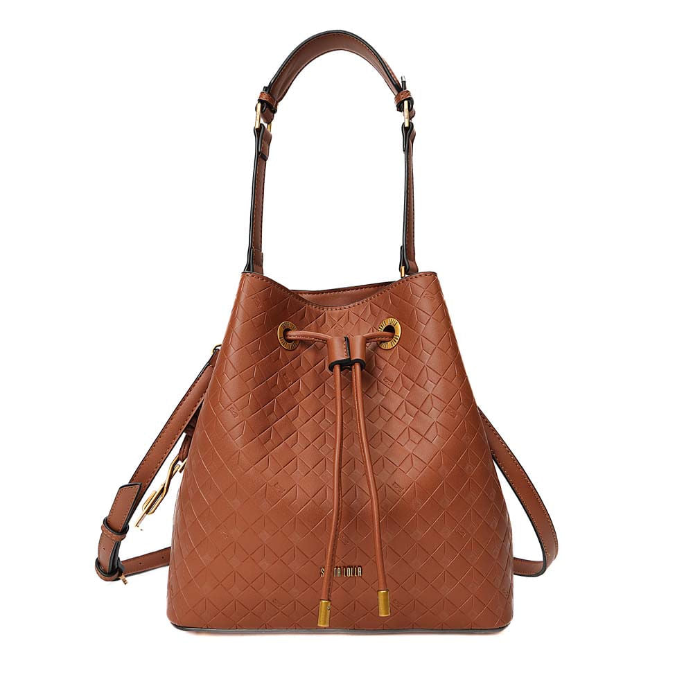 Bolsa Saco Santa Lolla Marrom Relevo Geométrico Alça Dupla