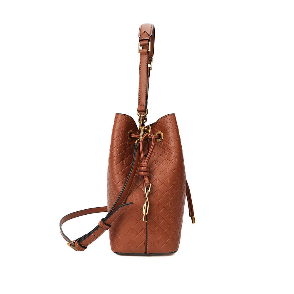 Bolsa Saco Santa Lolla Marrom Relevo Geométrico Alça Dupla