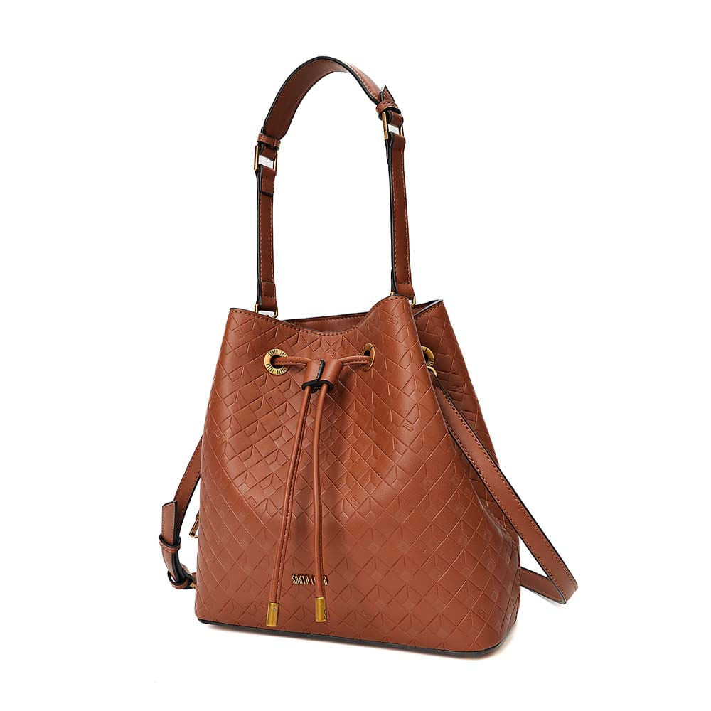 Bolsa Saco Santa Lolla Marrom Relevo Geométrico Alça Dupla