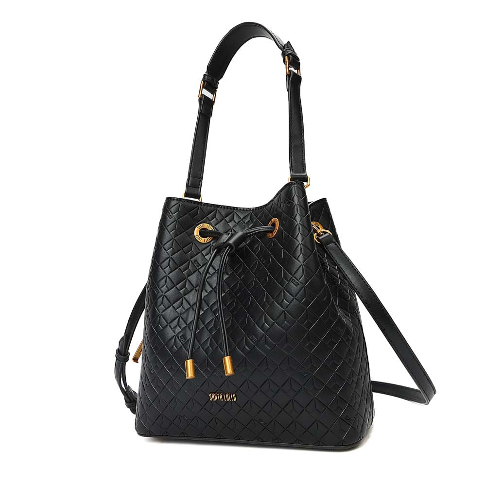 Bolsa Saco Santa Lolla Preta Textura Geométrica Cordão
