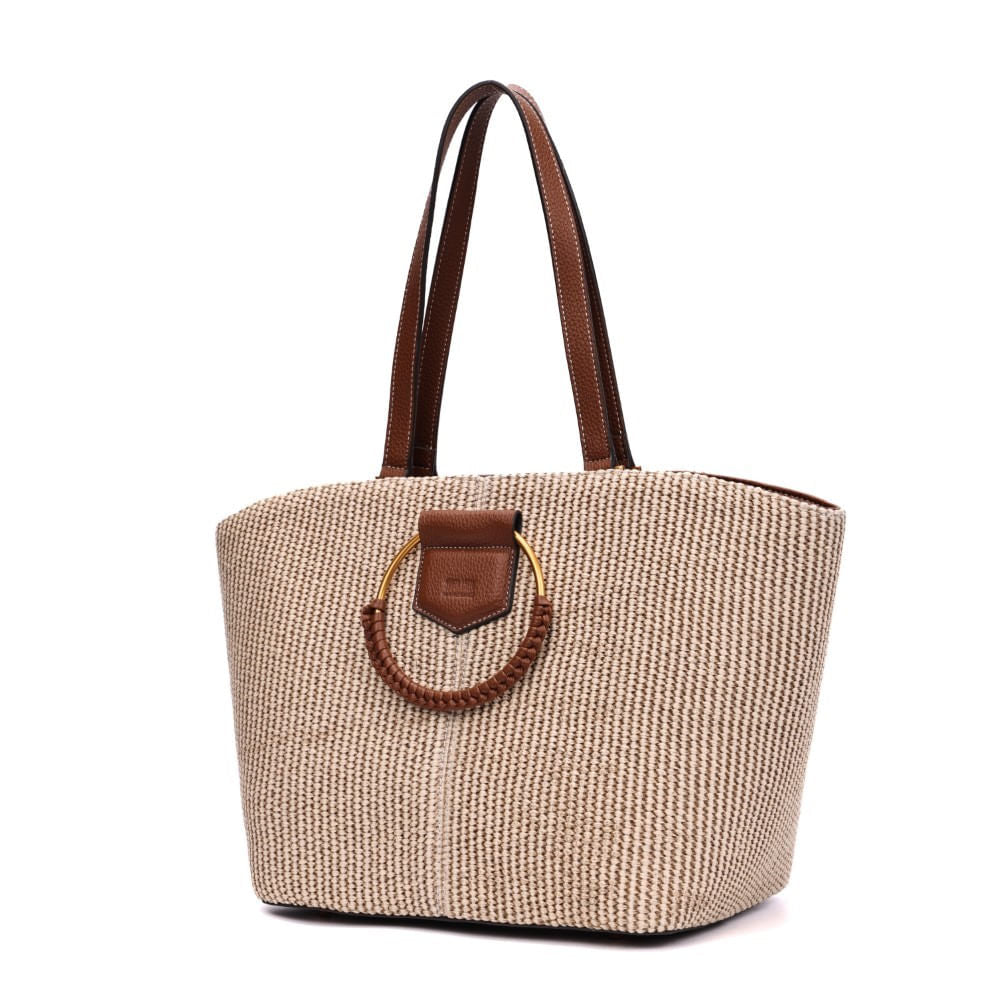 Bolsa Sacola Santa Lolla Bege Tramada Alça Ombro