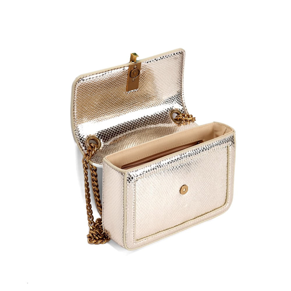 Bolsa Santa Lolla Dourada Metalizada Alça Corrente de Ombro