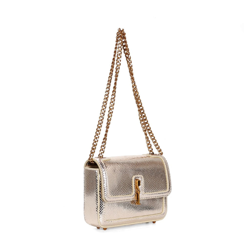 Bolsa Santa Lolla Dourada Metalizada Alça Corrente De Ombro 