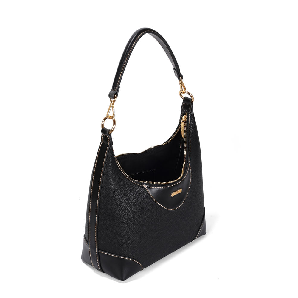 Bolsa Santa Lolla Preta Hobo Zíper Metal Dourado