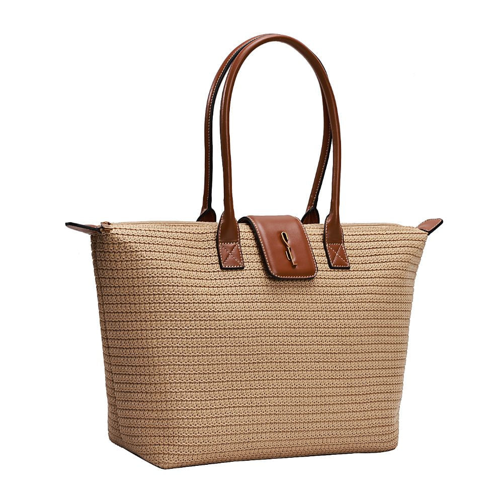 Bolsa Shopper Santa Lolla Bege Tramado Alça Marrom