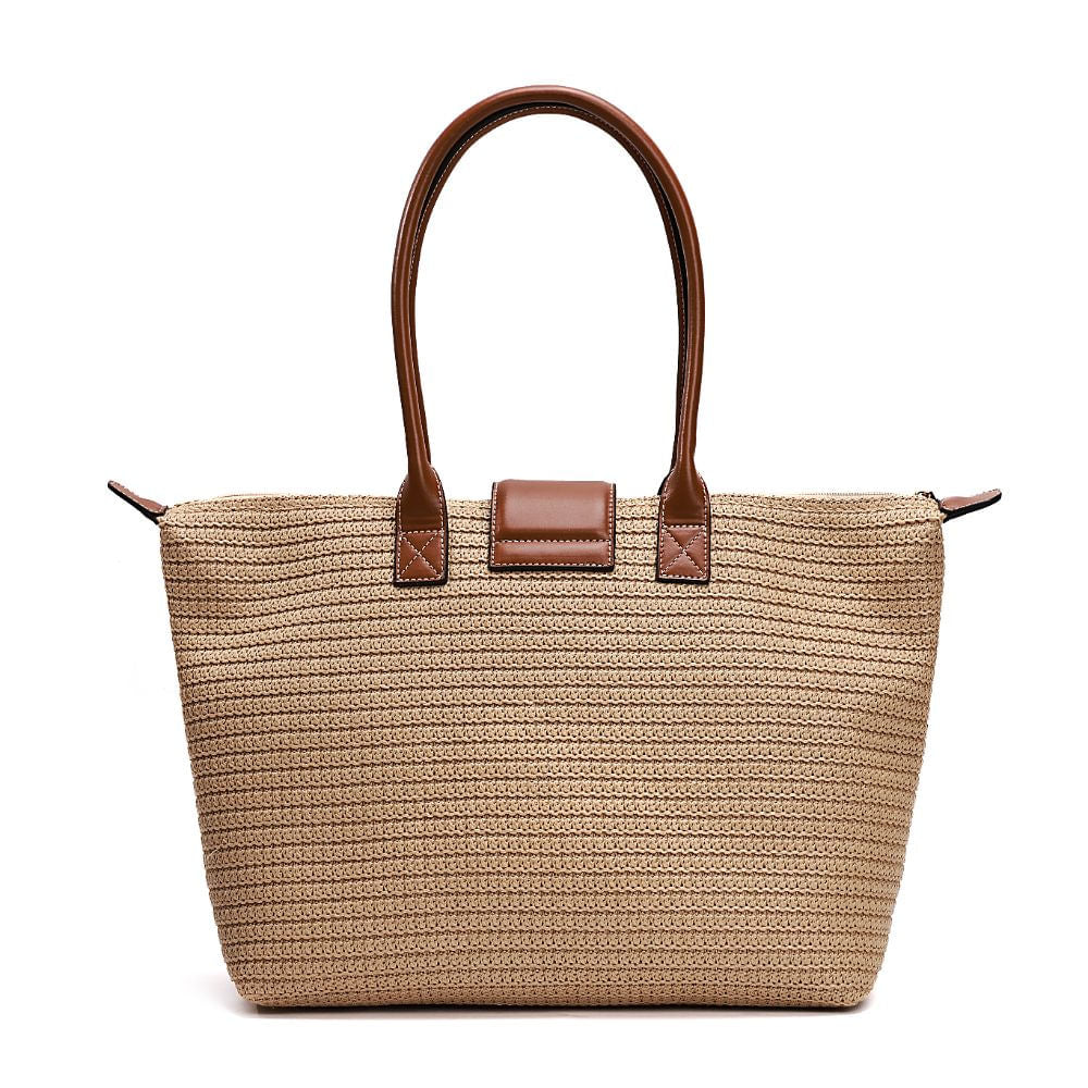 Bolsa Shopper Santa Lolla Bege Tramado Alça Marrom