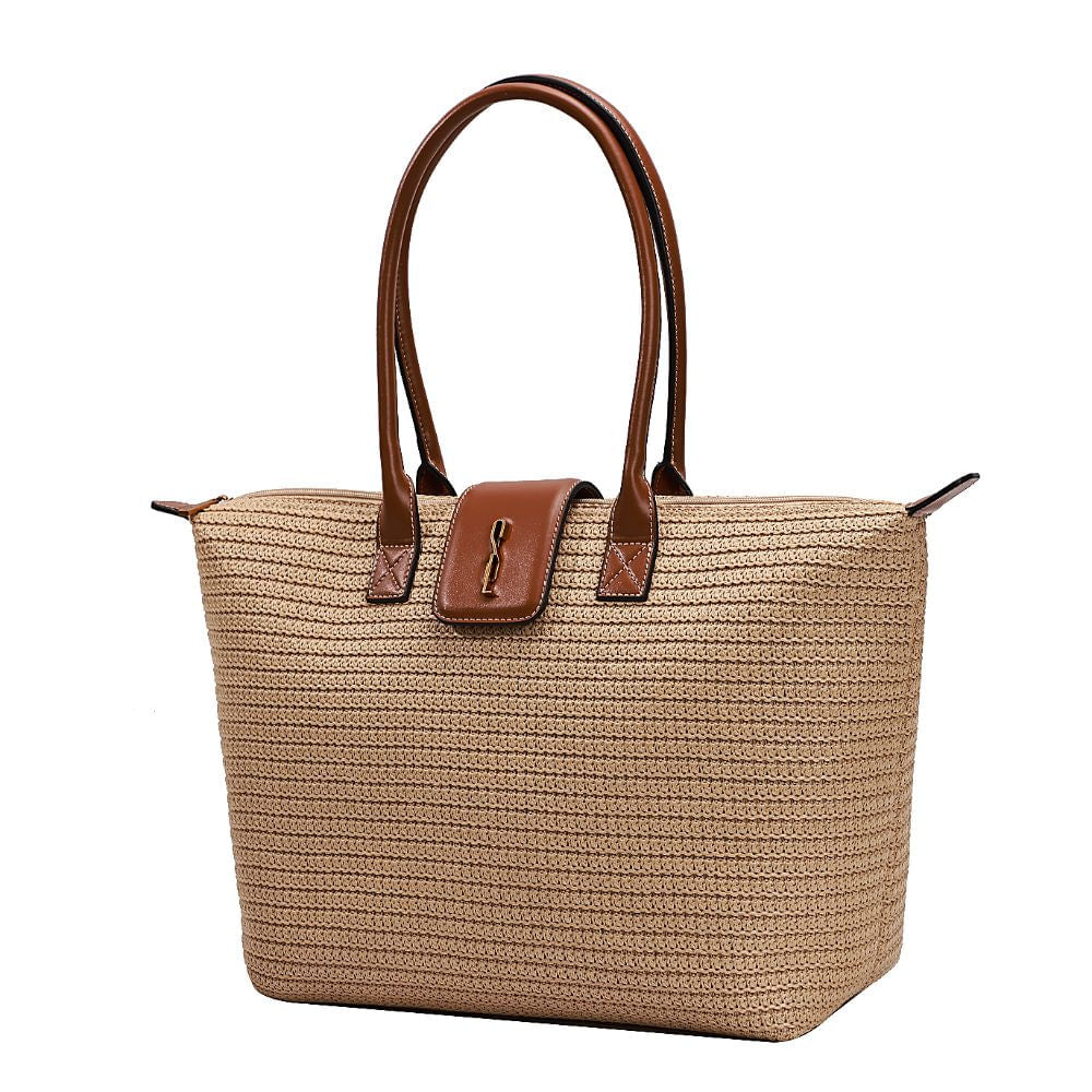 Bolsa Shopper Santa Lolla Bege Tramado Alça Marrom
