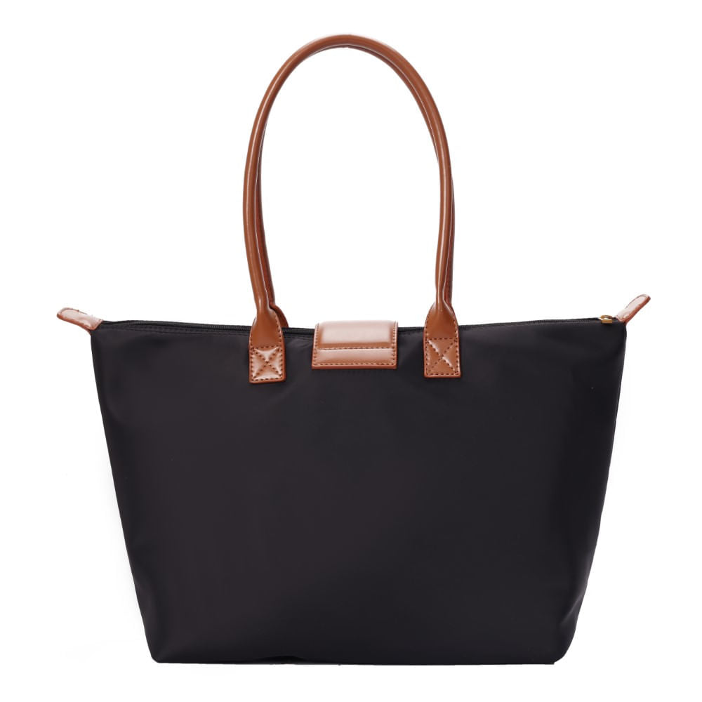 Bolsa Shopper Santa Lolla Preta Nylon Detalhe Caramelo
