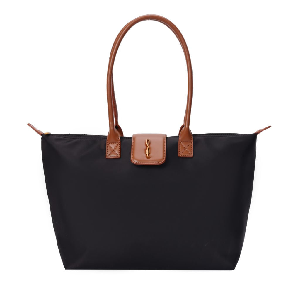 Bolsa Shopper Santa Lolla Preta Nylon Detalhe Caramelo