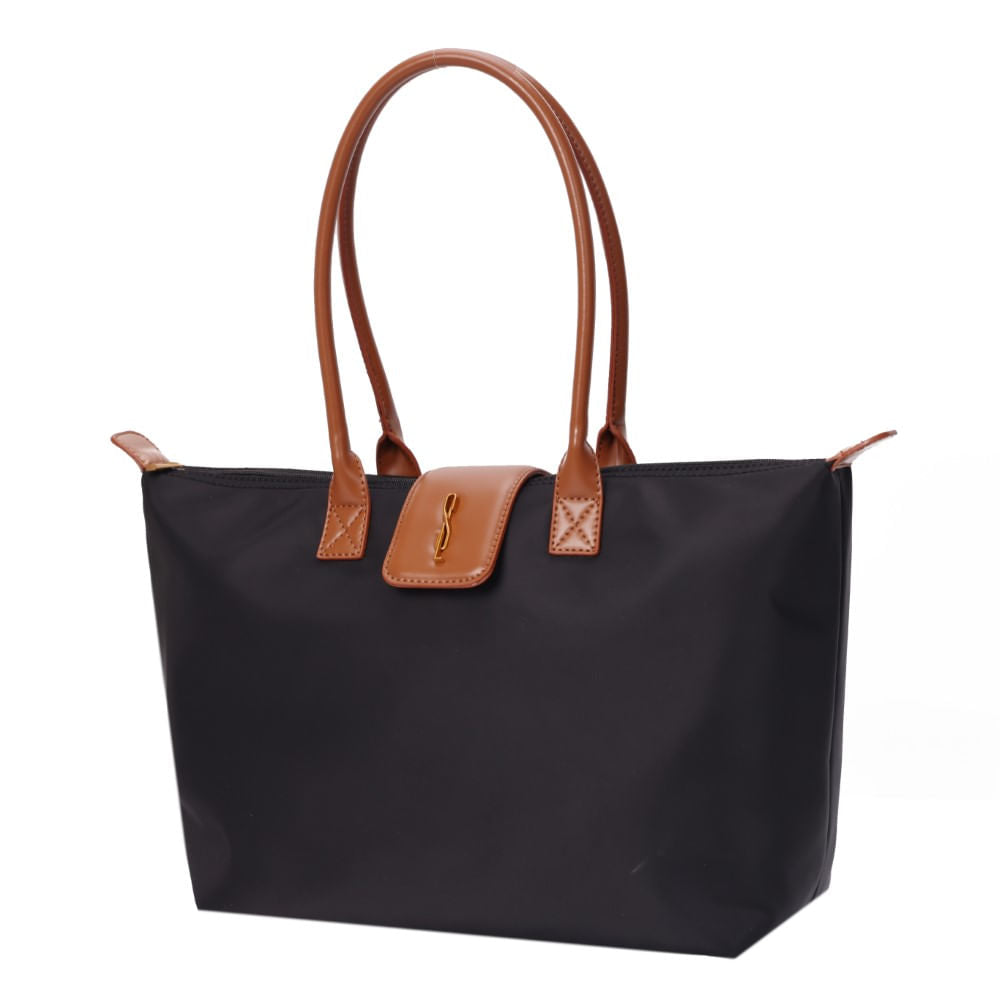 Bolsa Shopper Santa Lolla Preta Nylon Detalhe Caramelo