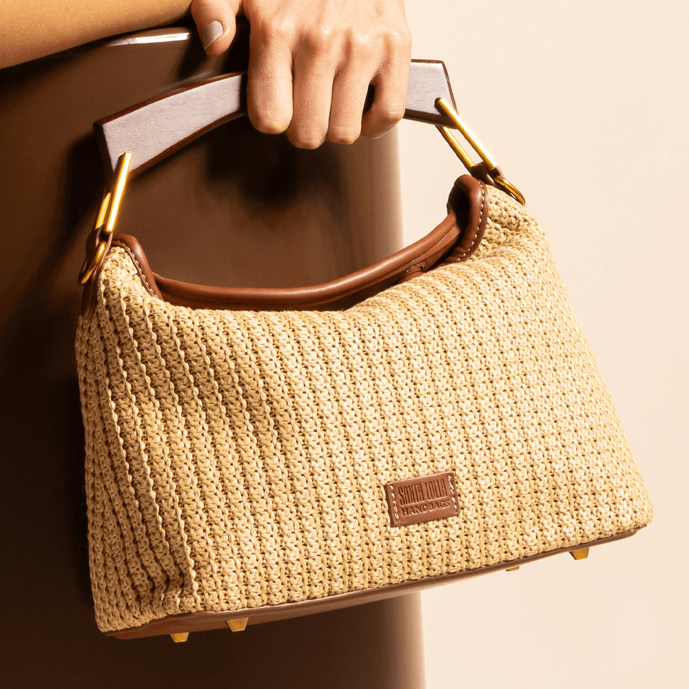 Bolsa Tote Santa Lolla Bege Tramado Alça Marrom