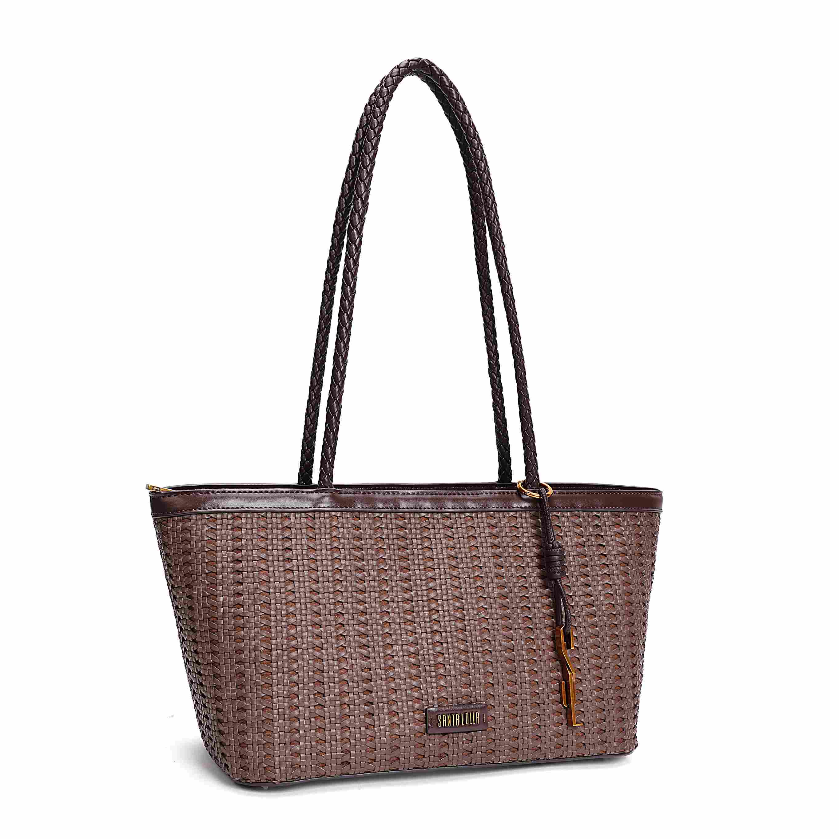 Bolsa Tote Santa Lolla Marrom Trançada Zíper
