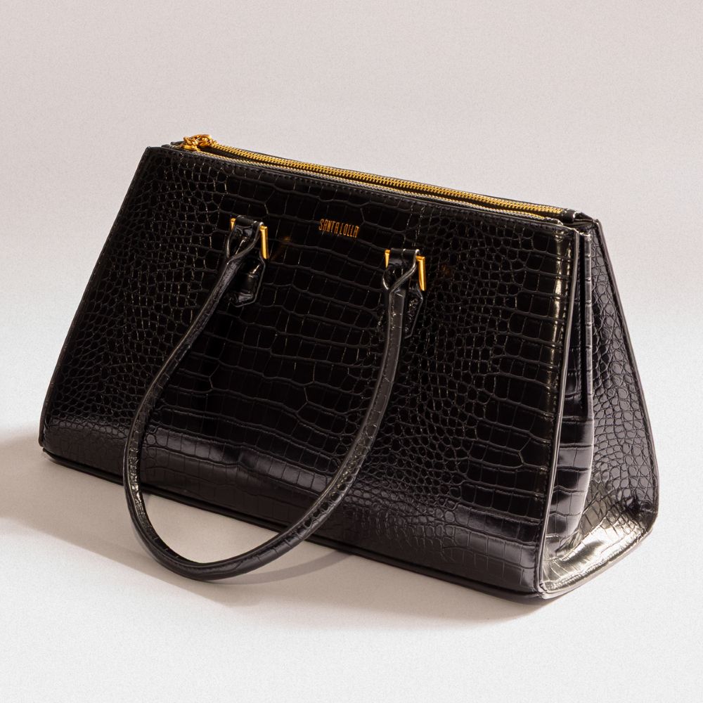 Bolsa Tote Santa Lolla Preta Croco Zíper