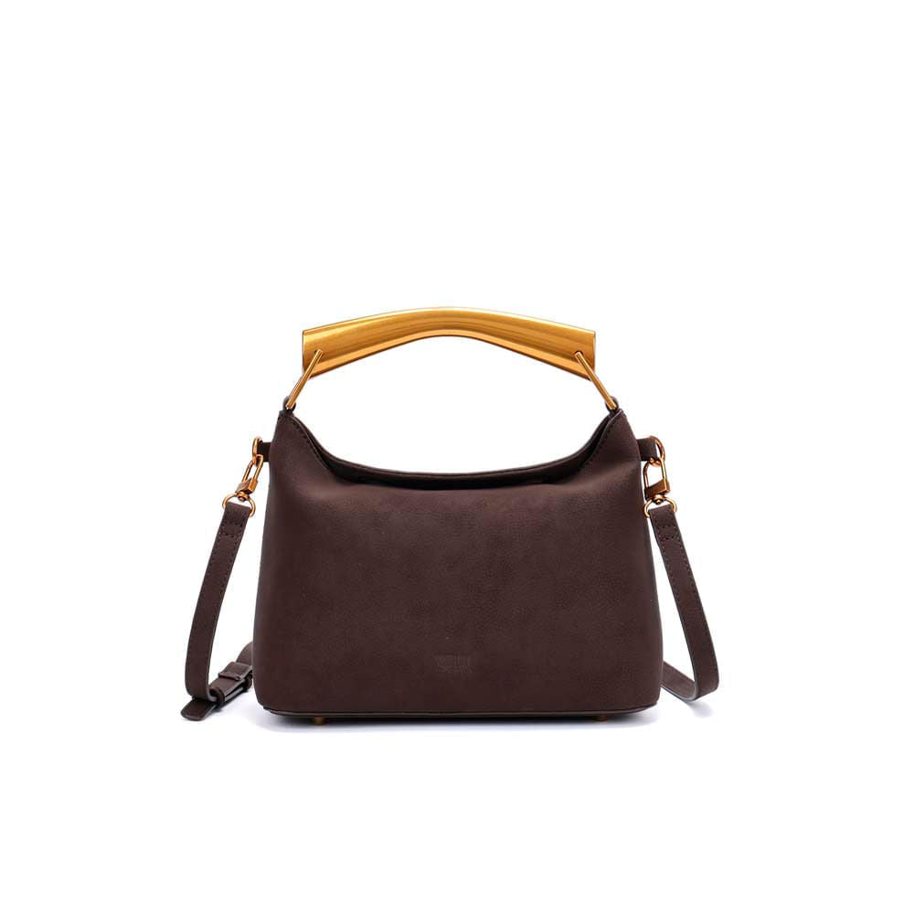 Bolsa Transversal Santa Lolla Marrom Nobuck Alça Dourada