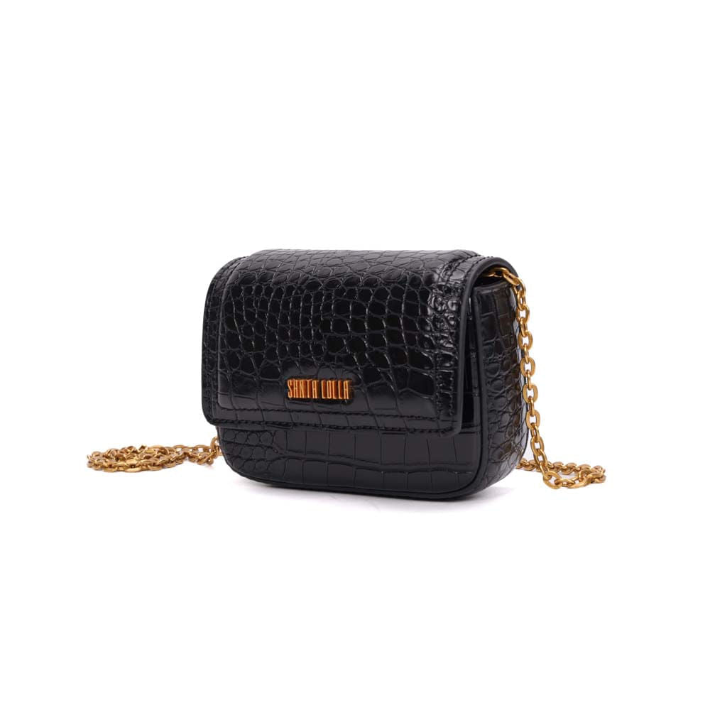 Bolsa Transversal Santa Lolla Preta Croco Alça Corrente