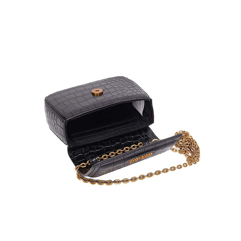 Bolsa Transversal Santa Lolla Preta Croco Alça Corrente