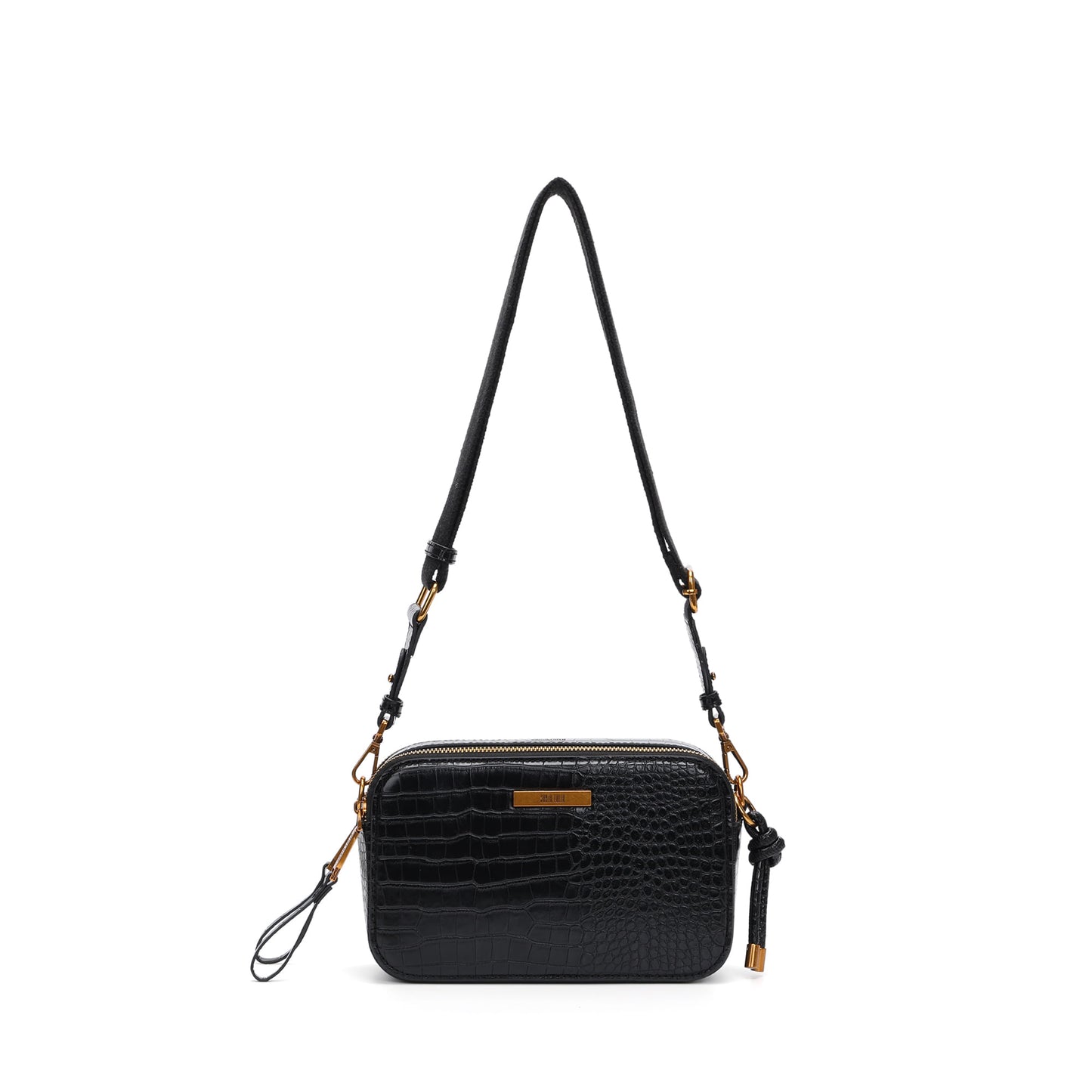 Bolsa Transversal Santa Lolla Preta Croco Zíper Duplo