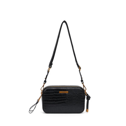 Bolsa Transversal Santa Lolla Preta Croco Zíper Duplo