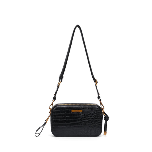 Bolsa Transversal Santa Lolla Preta Croco Zíper Duplo
