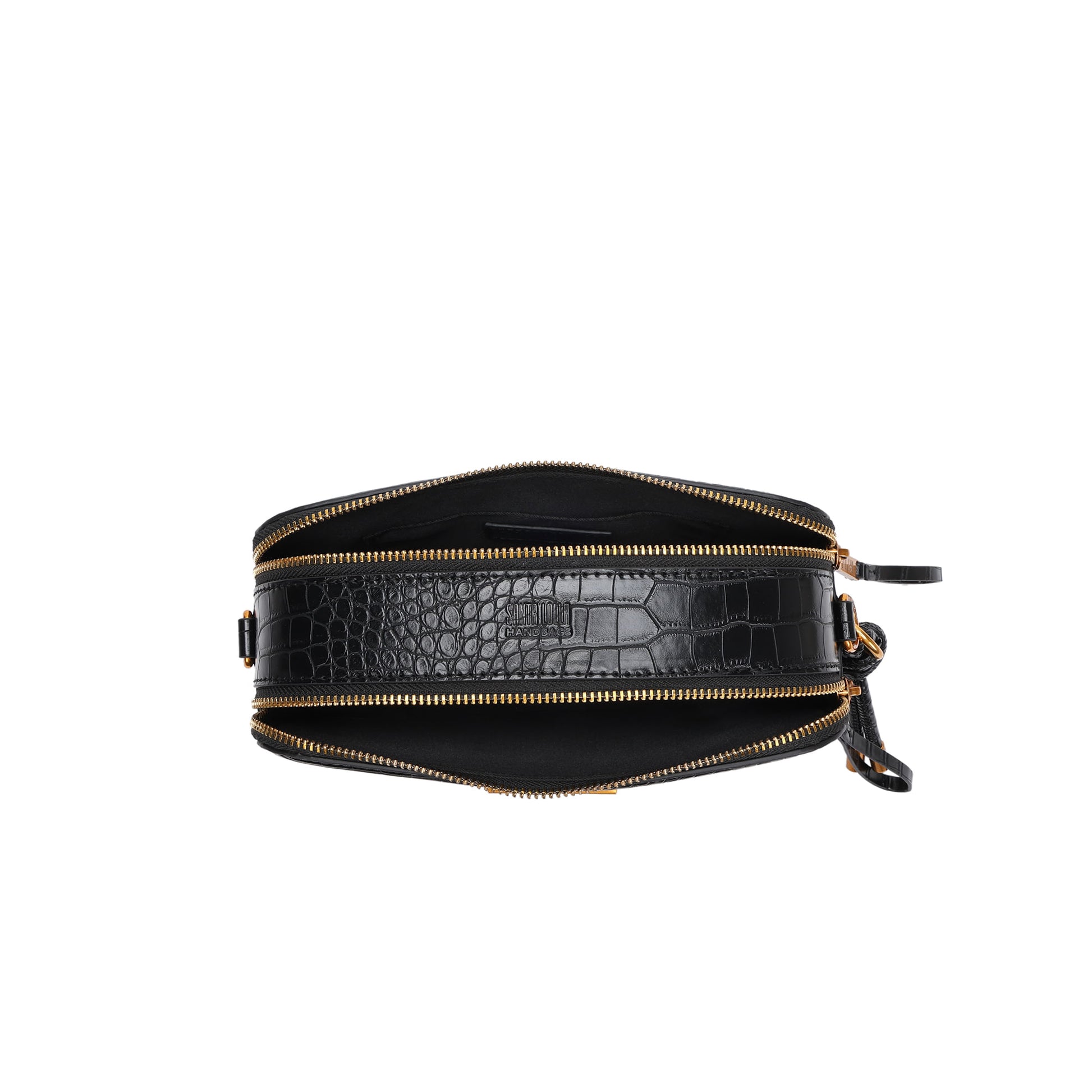 Bolsa Transversal Santa Lolla Preta Croco Zíper Duplo