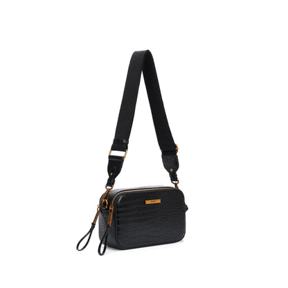 Bolsa Transversal Santa Lolla Preta Croco Zíper Duplo